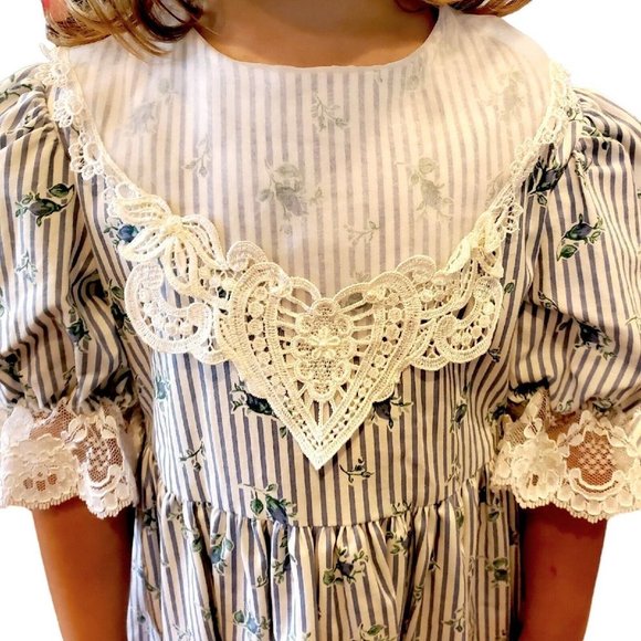 Vintage 90s Girls White Blue Floral Striped Bib Collar Party Dress w Hat Sz 5 - Picture 4 of 14